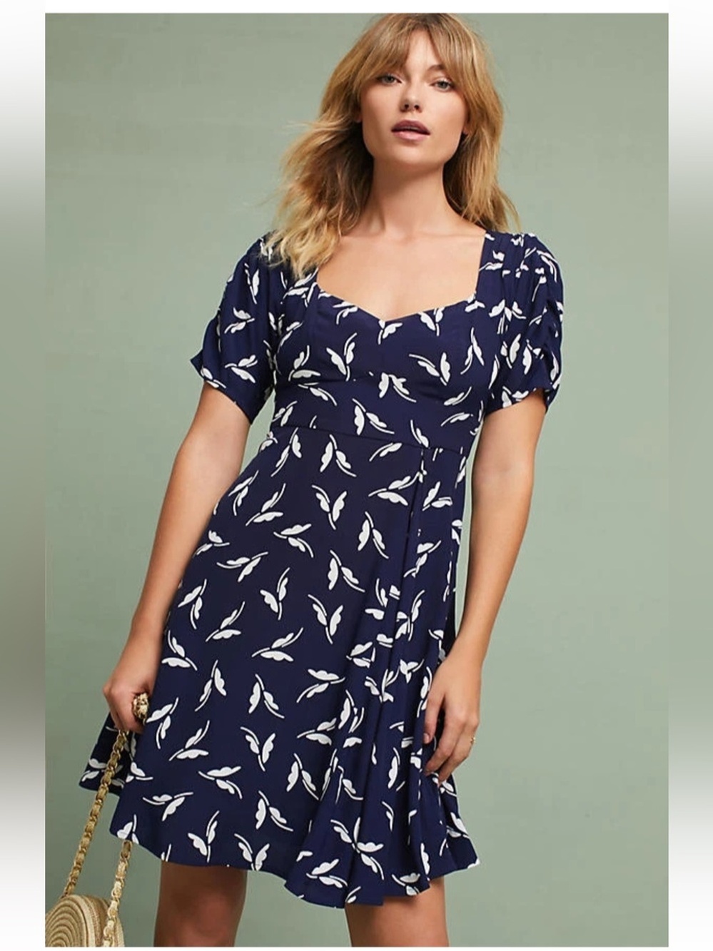 Anthropologie Maeve Fern Ruched Butterfly Dress Size 8 Blue/White Fit & Flare